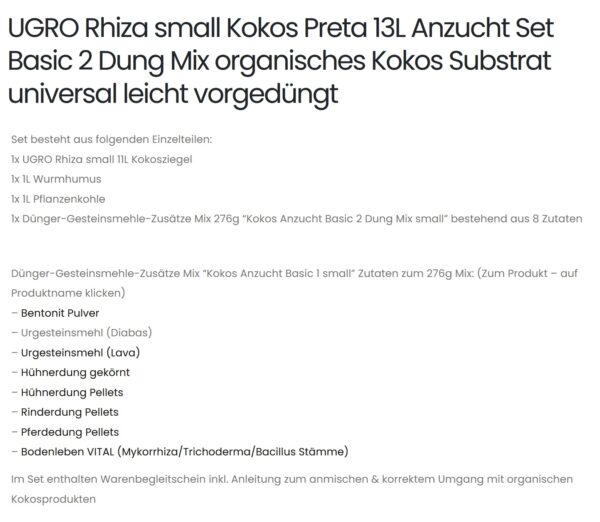 UGRO Rhiza small Kokos Preta 13L Anzucht Set Basic 2 Dung Mix organisches Kokos Substrat universal leicht vorgedüngt Produktbild